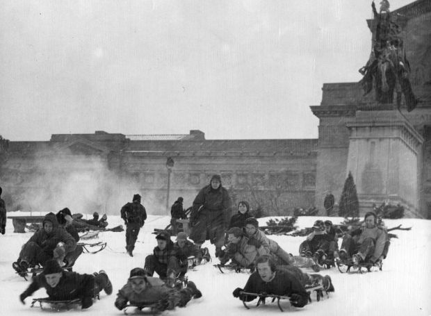 Sledding on Art Hill, 1951